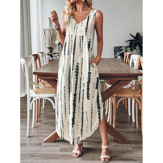 Robe longue femme – Coupe ample – Sans manches – Col en V – Rayures – Coton