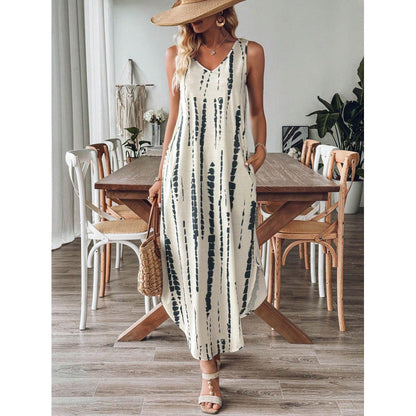 Robe longue femme – Coupe ample – Sans manches – Col en V – Rayures – Coton