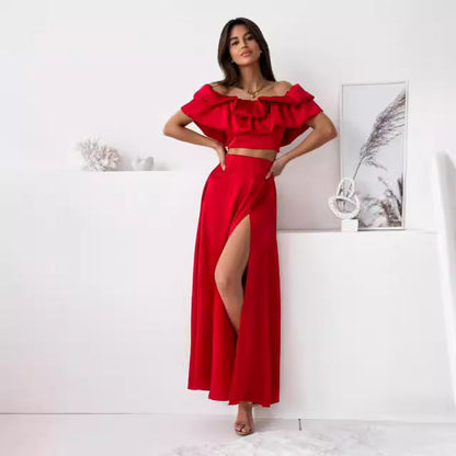 Women's set – Top cropped off-the-shoulder with ruffles – Skirt long high-waisted with slit
