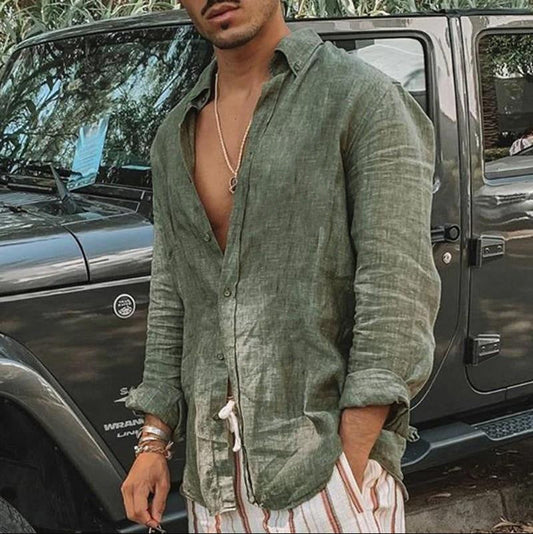 Chemise homme manches longues – Coupe décontractée – Fibres naturelles respirantes – Col en V