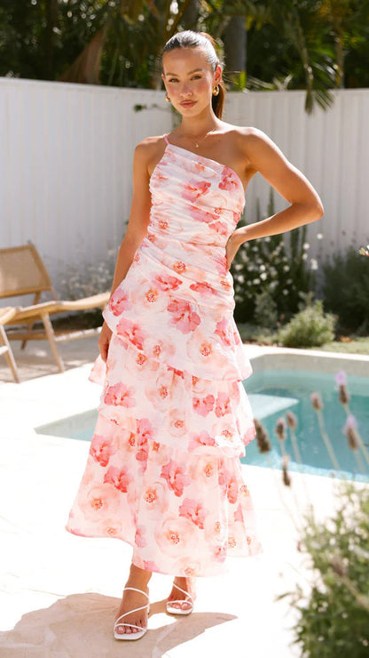 Robe longue femme – Asymétrique une épaule – Haut froncé – Jupe évasée à volants