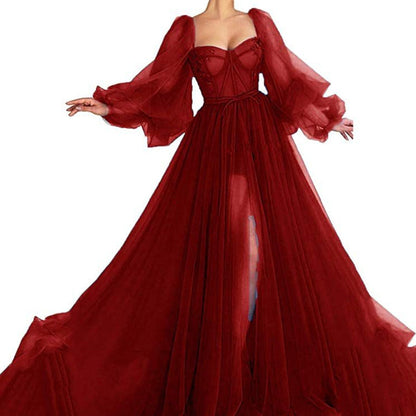 Robe de soirée femme – Tulle fluide – Décolleté cœur – Manches volumineuses – Fente élégante