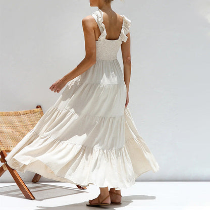 Robe longue femme – Coupe fluide – Bretelles à volants – Tissu respirant – Volants superposés