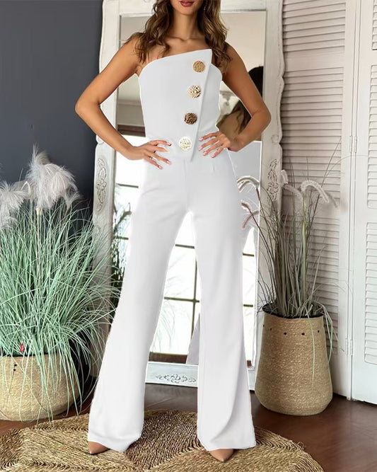 Combinaison femme – Coupe évasée – Col asymétrique – Bustier à boutons décoratifs