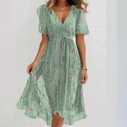 Robe portefeuille à manches flottantes pour femme - Col en V - Imprimé floral