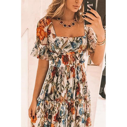 Robe longue femme – Coupe fluide – Bustier smocké – Manches volantées – Tissu respirant