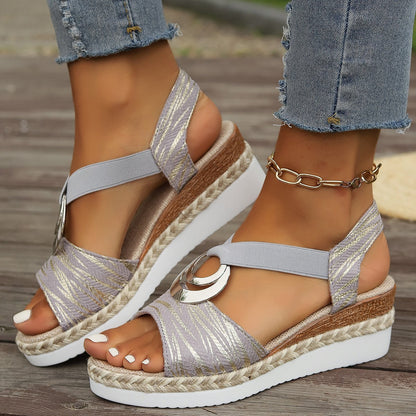 Sandales compensées femme – Bout ouvert – Bride arrière réglable – Semelle en jute