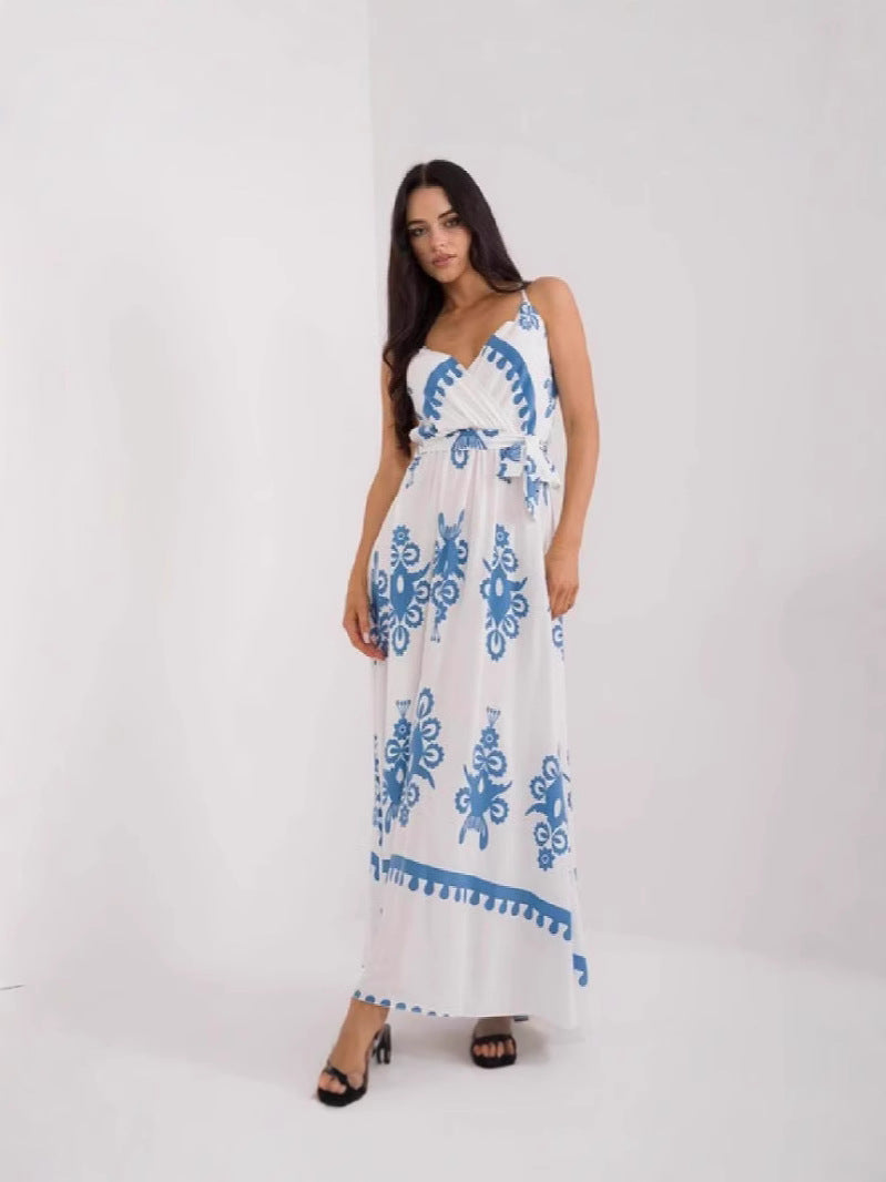 Robe longue femme – Coupe fluide – Décolleté en V – Sans manches – Ceinture – Coton imprimé