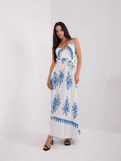 Robe longue femme – Coupe fluide – Décolleté en V – Sans manches – Ceinture – Coton imprimé