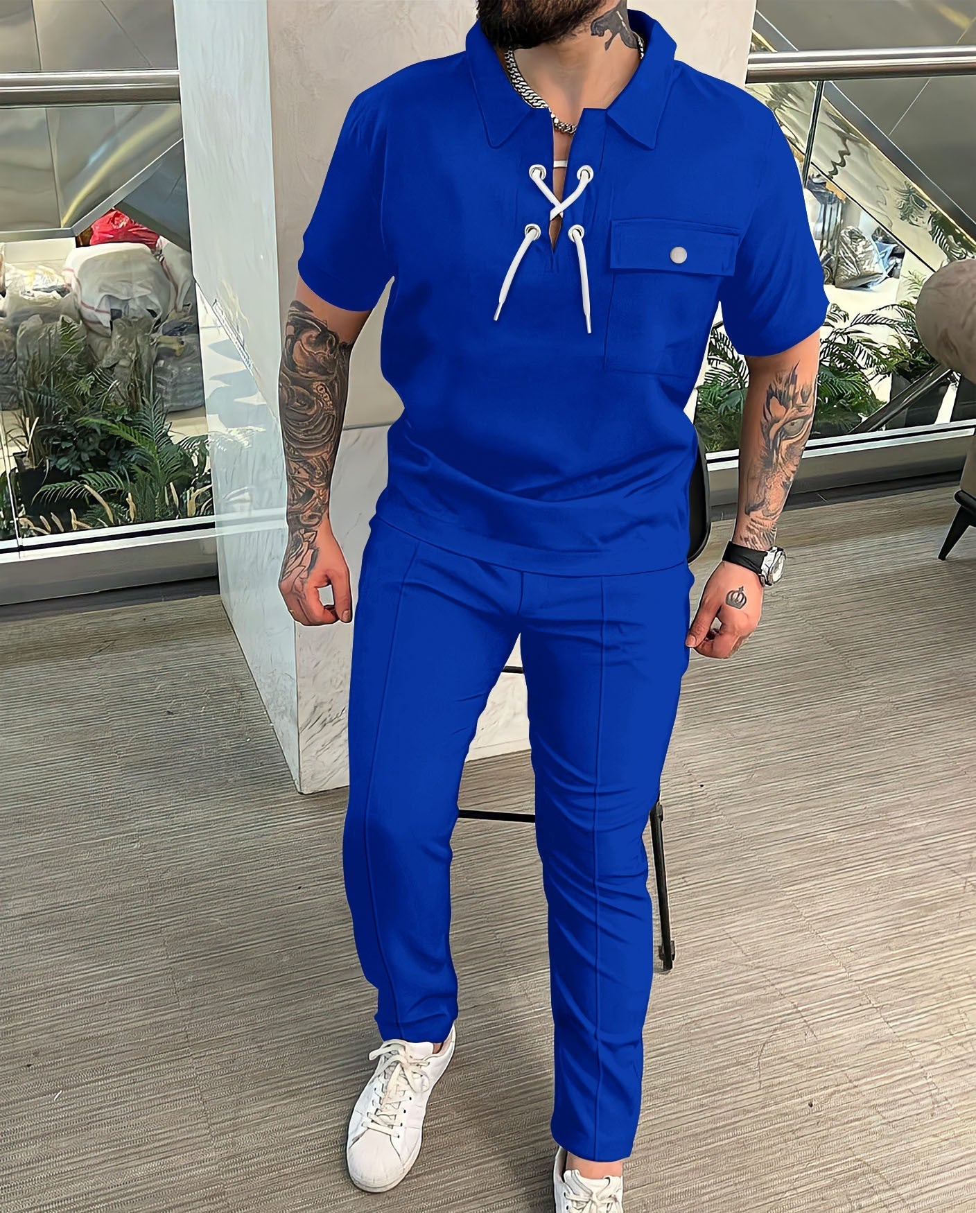 Men's two-piece set – Top with lace-up collar – Matching pants – Slim fit – Breathable fabric