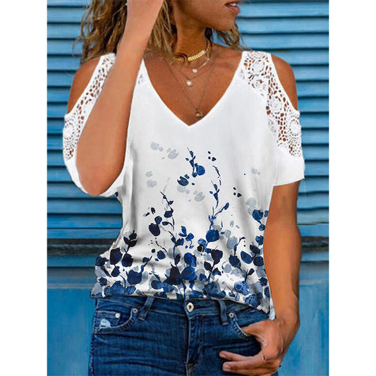 Blouse femme – Coupe ample – Épaules dénudées – Détail dentelle – Imprimé floral – Tissu respirant