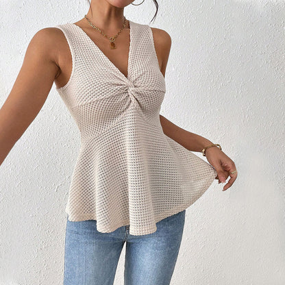 Débardeur Femme – Coupe Ajustée – Col V – Noeud Frontal – Ourlet Évasé Maille Douce