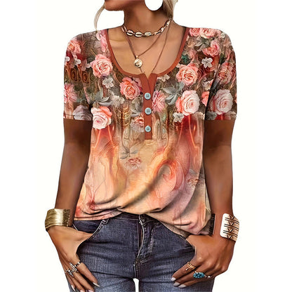 T-shirt femme – Coupe décontractée – Col rond boutonné – Imprimé floral artistique