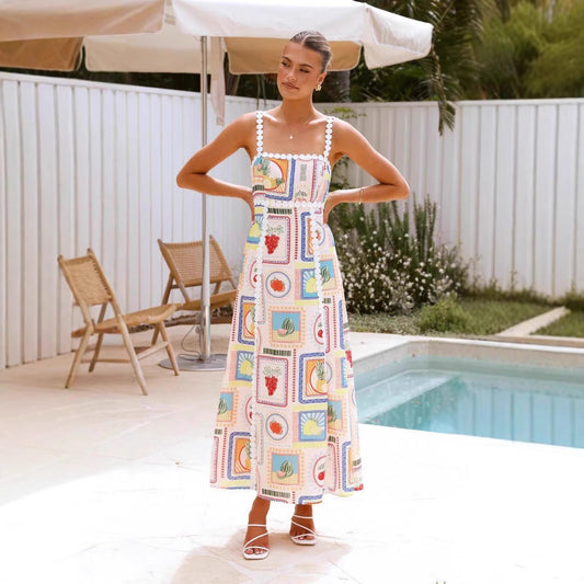 Robe longue femme – Tissu respirant – Coupe fluide – Sans manches – Imprimé géométrique – Détail dentelle