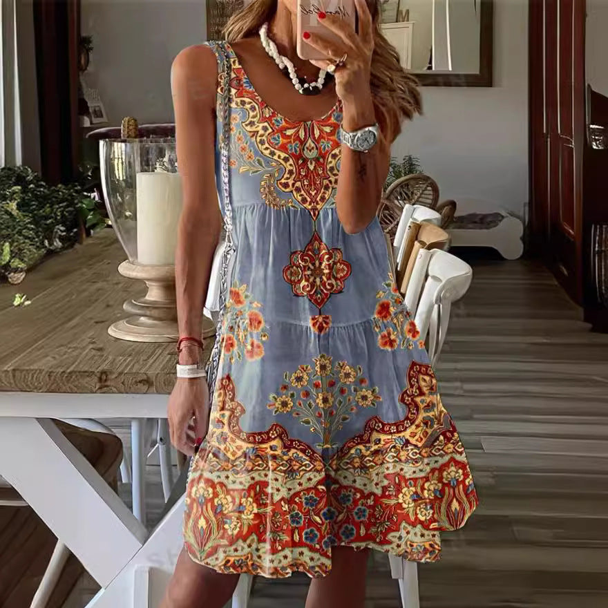 Robe décontractée femme – Coupe fluide – Sans manches – Col rond – Motif ornemental – Longueur midi