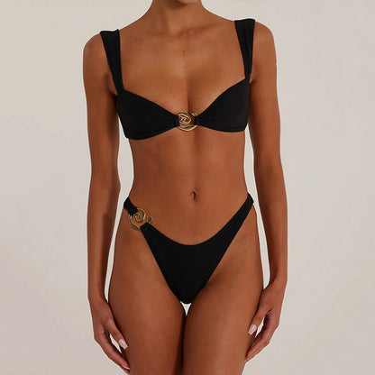 Maillot de bain femme – Ensemble bikini – Coupe haute – Tissu stretch – Détails métalliques – Design ajouré