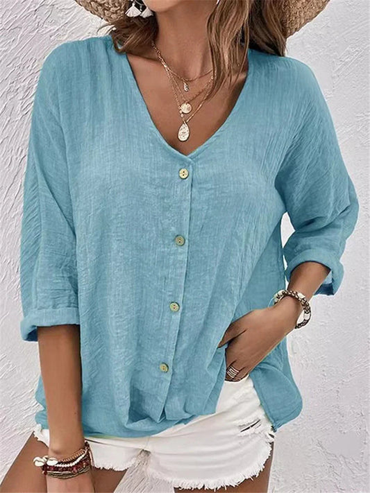 Blouse femme – Coupe décontractée – Lin – Col V – Manches 3/4 à revers