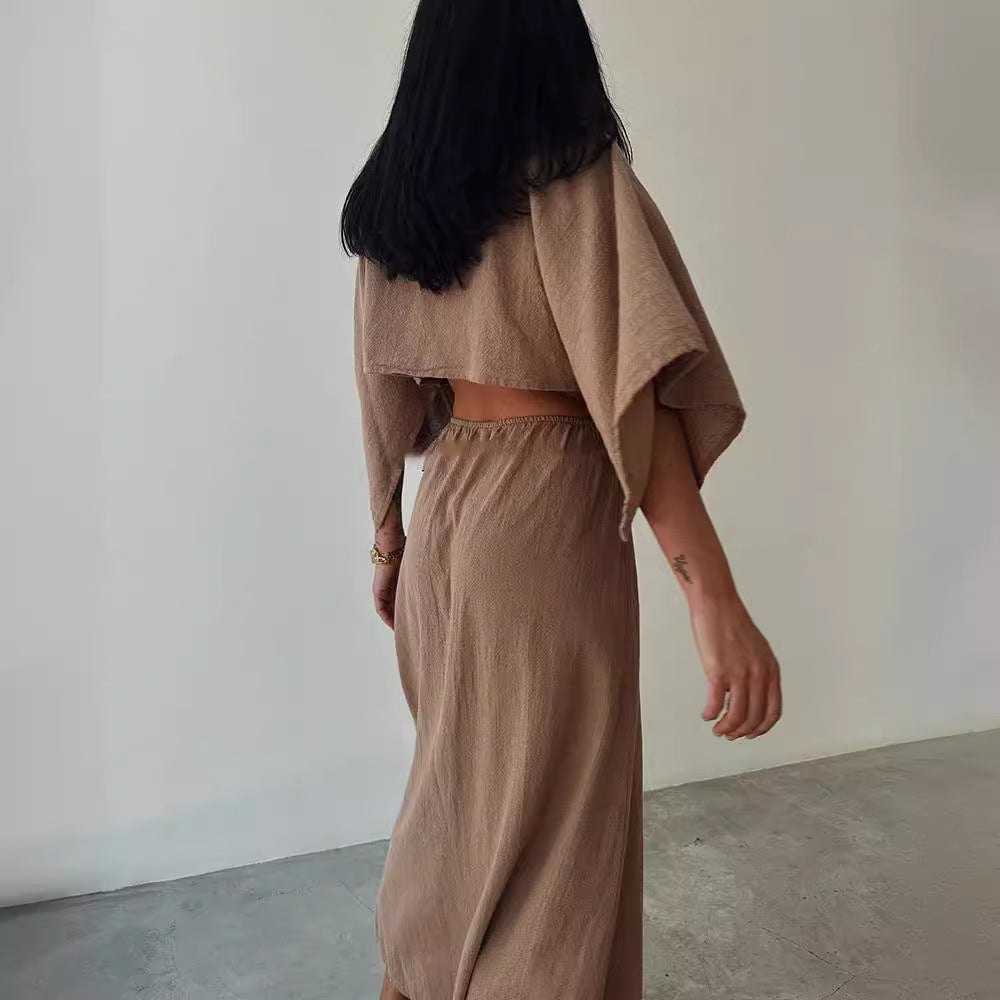 Robe longue femme – Coupe slim – Lin et coton – Fente haute – Taille ajourée