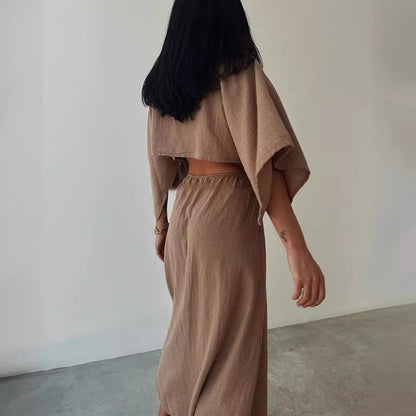 Robe longue femme – Coupe slim – Lin et coton – Fente haute – Taille ajourée