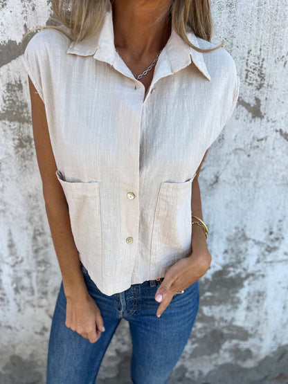 Top sans manches femme – Coupe décontractée – Fibres naturelles – Boutonné col classique