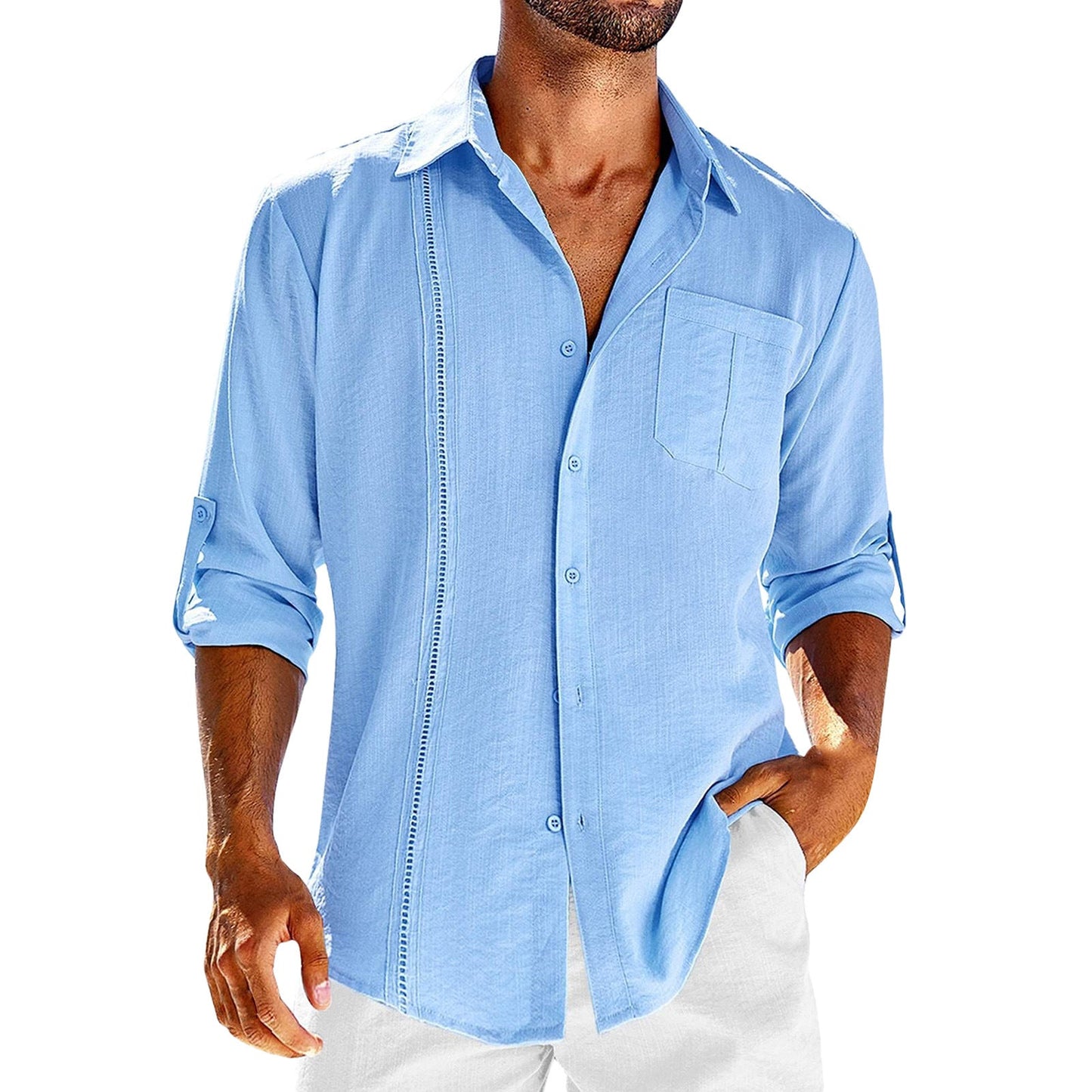 Chemise décontractée homme – Coupe ample – Fibres naturelles – Manches longues boutonées