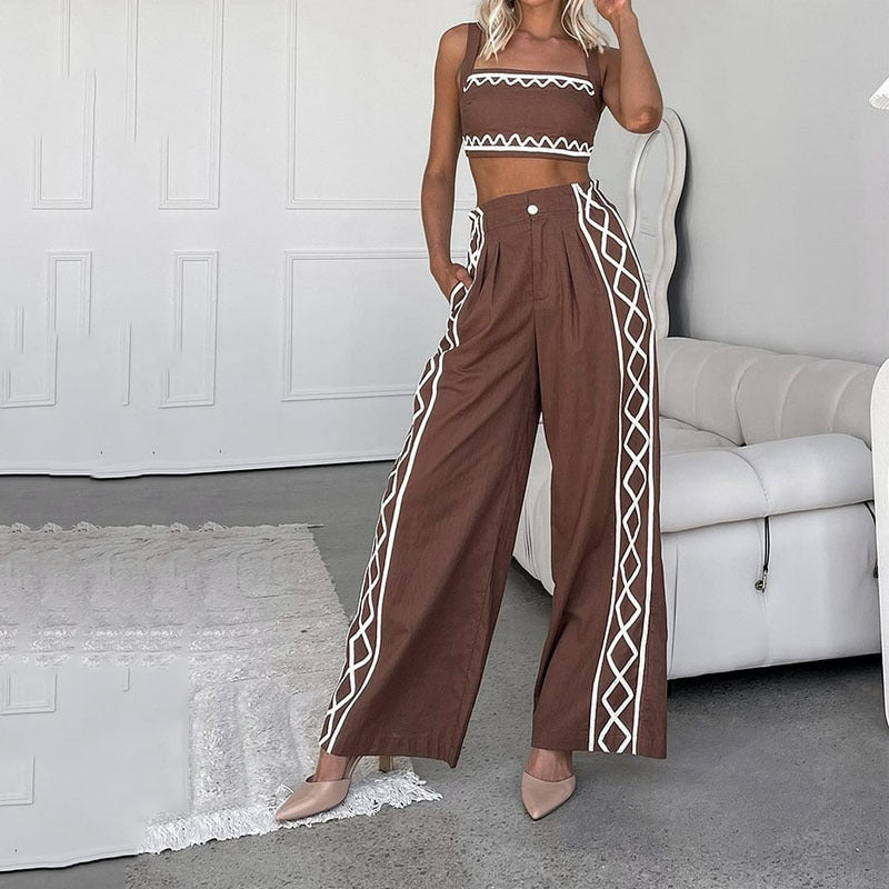 Ensemble Femme Deux Pièces – Top Court Asymétrique – Pantalon Taille Haute Large – Imprimé