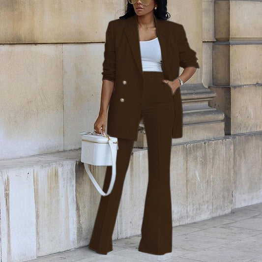 Ensemble pantalon blazer femme – Coupe droite – Veste boutonnée – Jambe large fluide