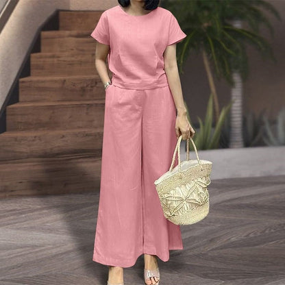 Ensemble deux pièces pour femme - Coupe ample - Top à manches courtes et col rond - Pantalon large à taille élastique