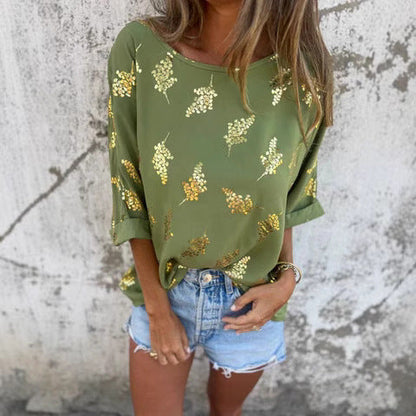 Blouse femme – Coupe décontractée – Col bateau – Manches 3/4 – Tissu léger scintillant