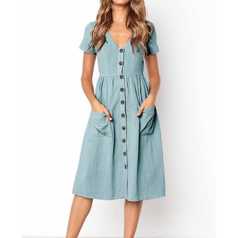Robe femme – Coupe évasée – Tissu respirant – Manches courtes – Longueur midi