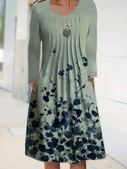 Robe décontractée femme – Coupe évasée – Fleurs – Manches longues – Coton