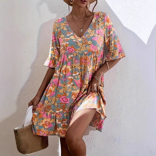 Robe femme – Coupe fluide – Col en V – Manches 3/4 volantées – Imprimé fleuri – Coton