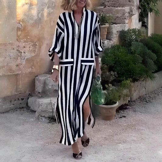 Robe longue femme – Coupe ample – Rayures verticales – Tissu respirant – Col V