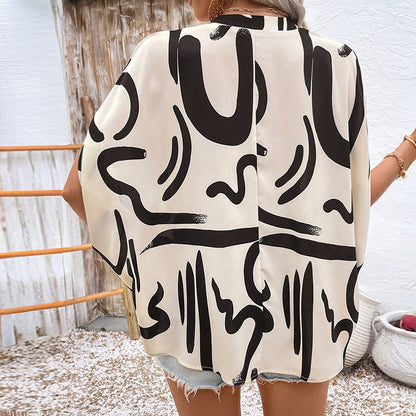 Blouse Femme – Coupe Ample – Manches Chauve-Souris – Décolleté V – Imprimé Géométrique