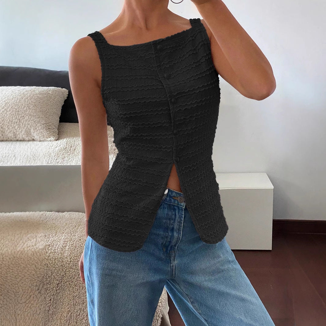 Débardeur Femme – Coupe Slim – Tissu Côtelé – Sans Manches – Détail Boutonné Devant
