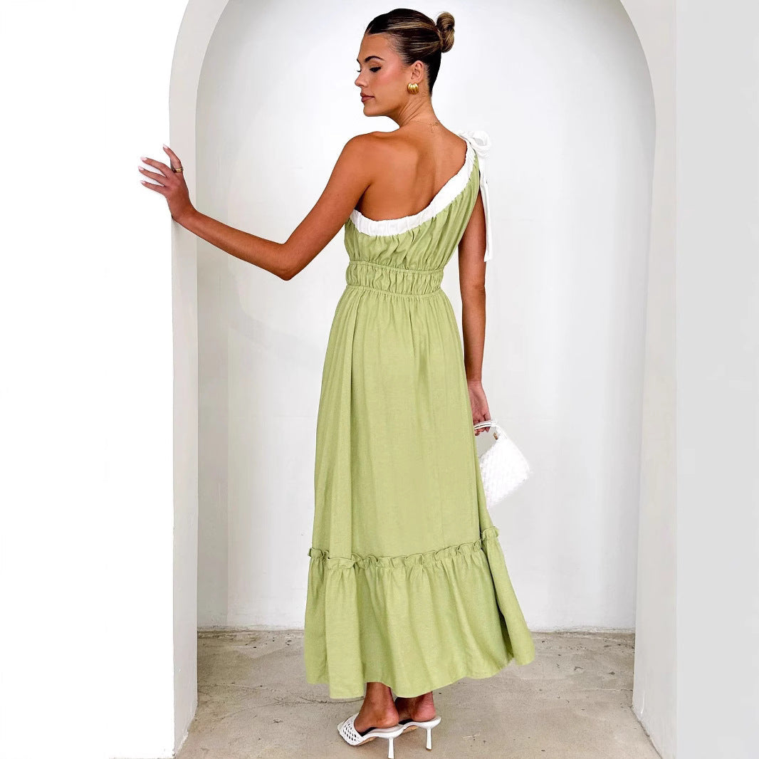 Robe femme – Une épaule – Coupe évasée – Coton doux – Jupe à volants – Longueur midi