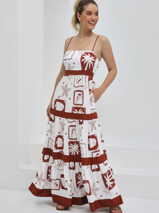 Robe longue femme – Coupe évasée fluide – Bretelles fines – Tissu respirant à volants