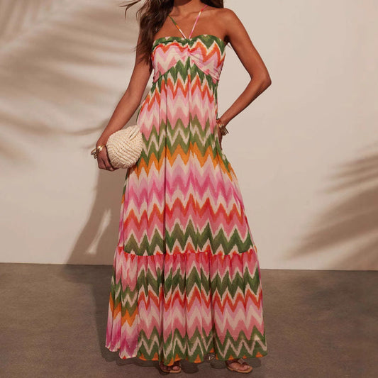 Robe longue femme – Col halter – Coupe fluide – Jupe évasée à volants – Tissu respirant