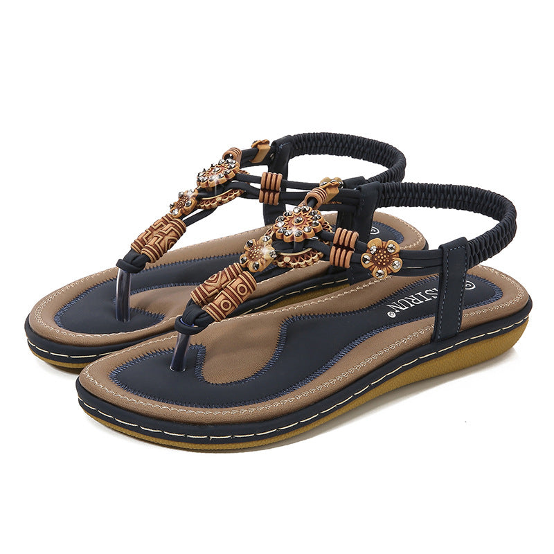Sandales plates femme – Style bohème – Perles bois – Bride tressée confortable