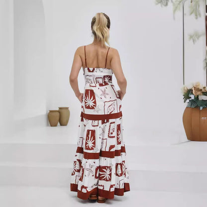 Robe longue femme – Coupe évasée fluide – Bretelles fines – Tissu respirant à volants