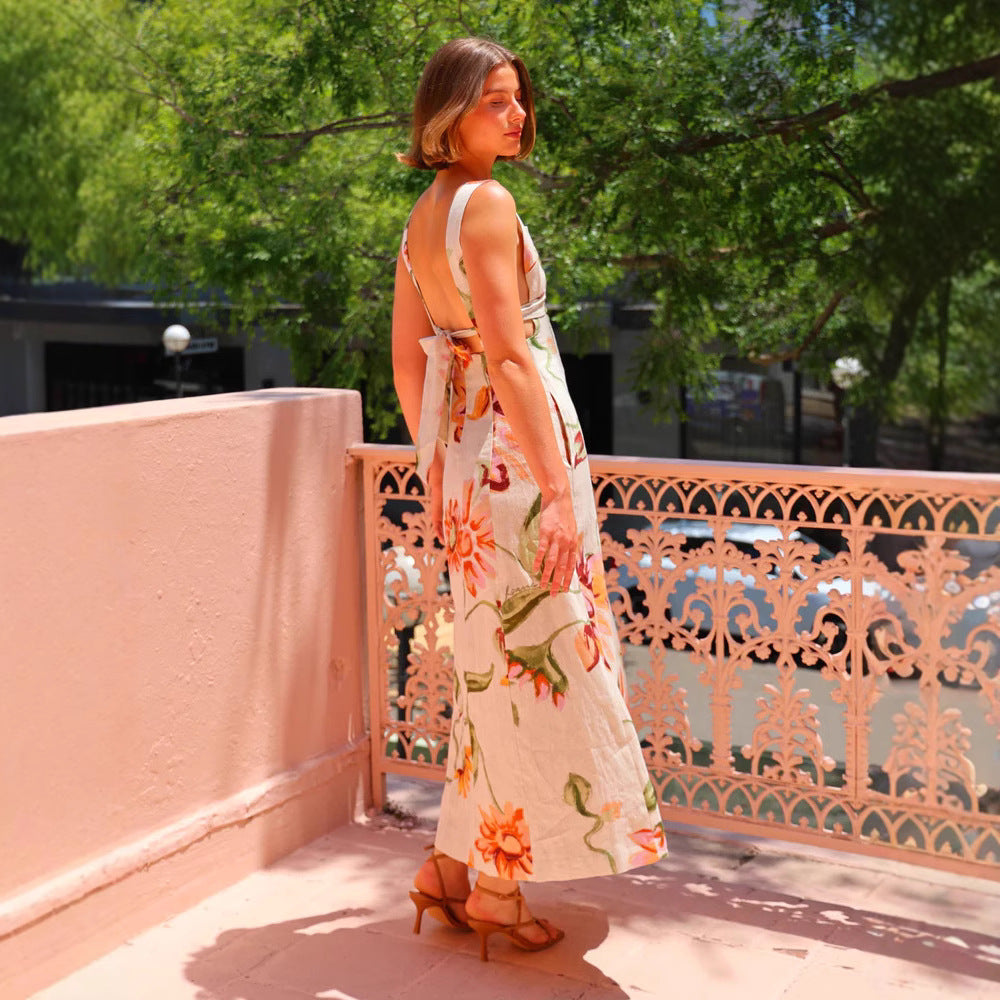 Robe longue femme – Coton – Dos nu – Imprimé floral – Col carré élégant