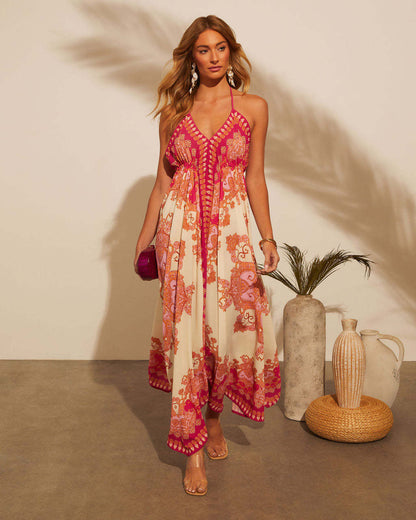 Robe longue femme – Décolleté en V – Bretelles fines – Coupe évasée