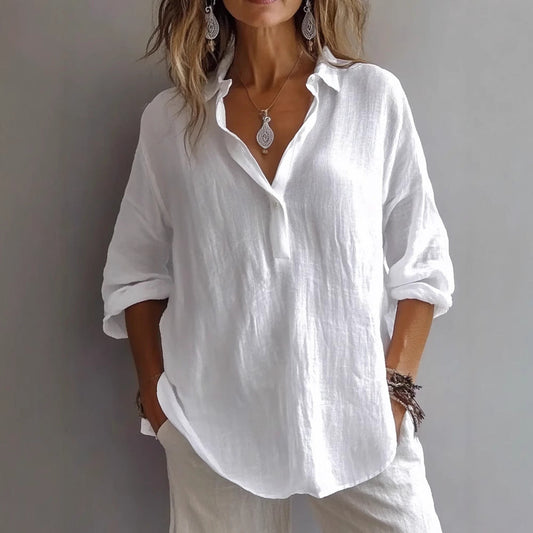Chemise femme col V – Coupe ample – Manches longues roulées – Fibres naturelles respirantes