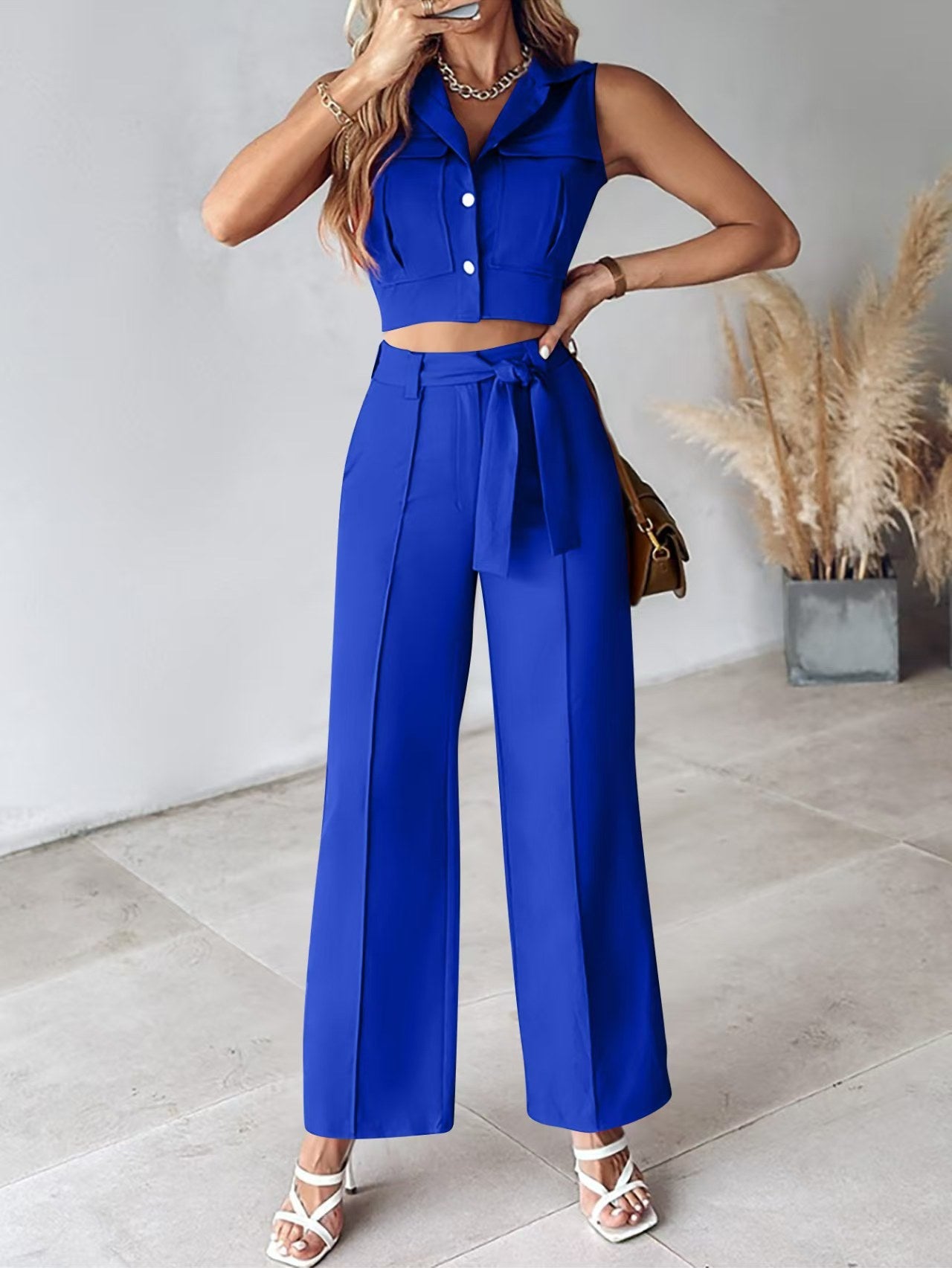 Ensemble femme – Top court sans manches à col – Pantalon large taille haute ceinturé