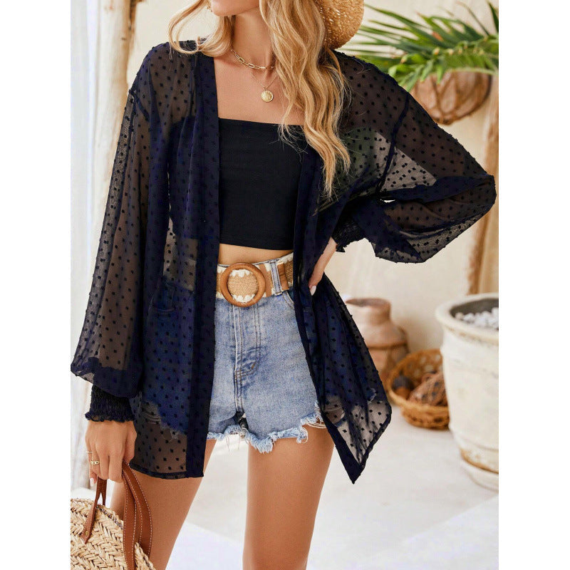 Veste femme – Coupe décontractée – Tissu transparent à pois – Manches bouffantes