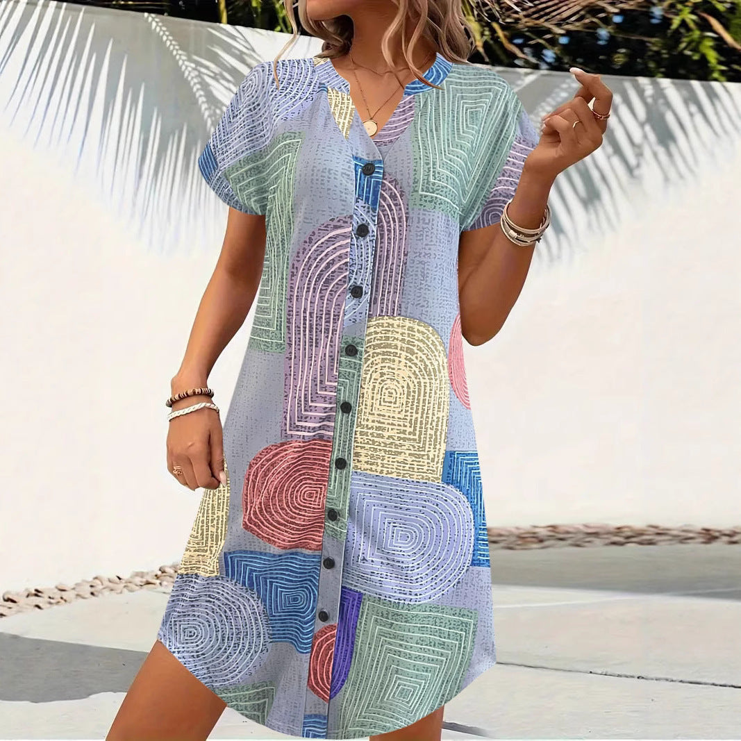 Robe femme – Coupe ample – Col en V – Manches courtes – Boutonnée – Imprimé géométrique