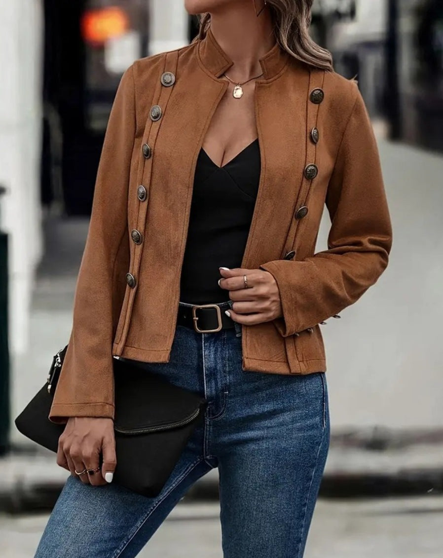 Veste femme décorative – Coupe cintrée – Effet daim velouté – Col montant – Double boutonnage
