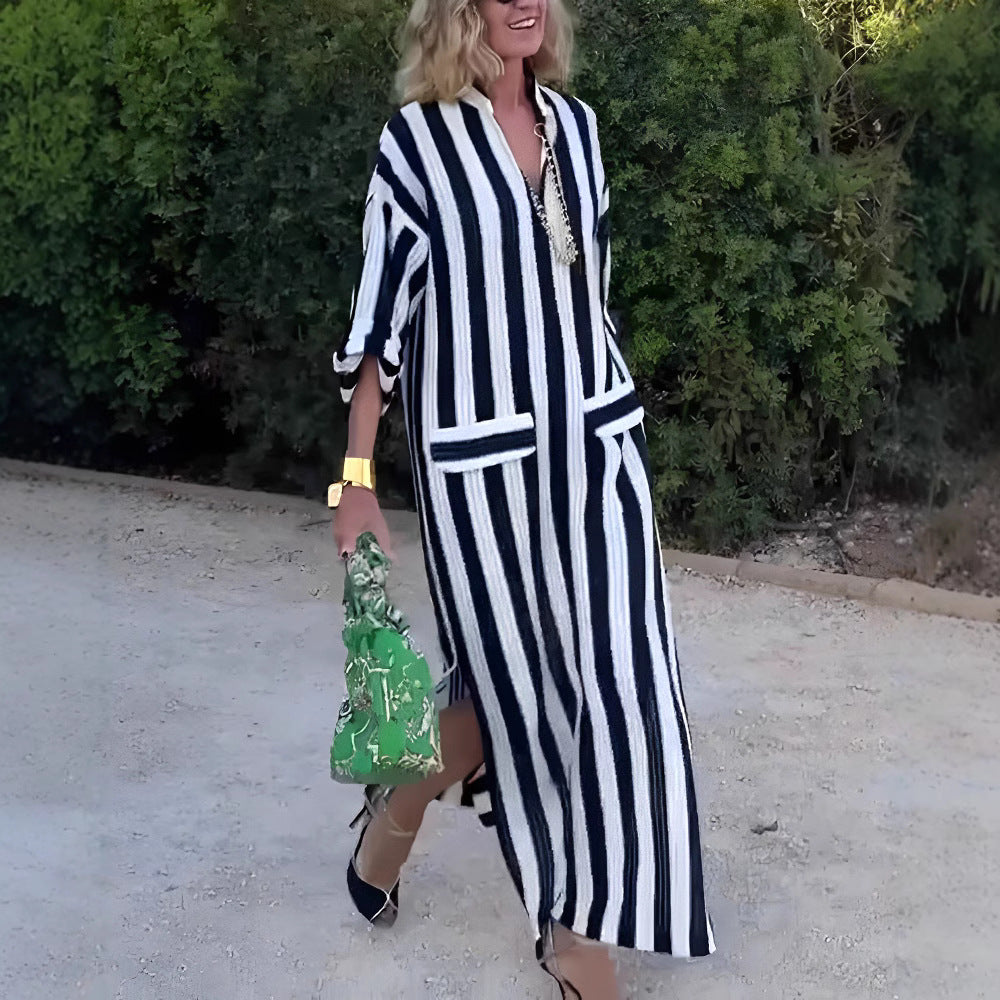 Robe longue femme – Coupe ample – Rayures verticales – Tissu respirant – Col V