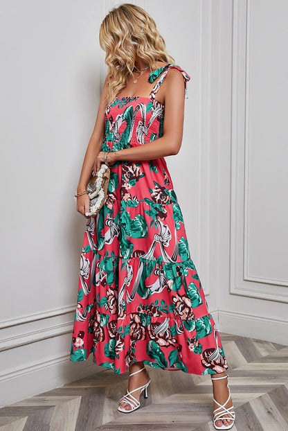 Robe longue femme – Dos nu – Bretelles à nouer – Jupe évasée à volants – Tissu léger