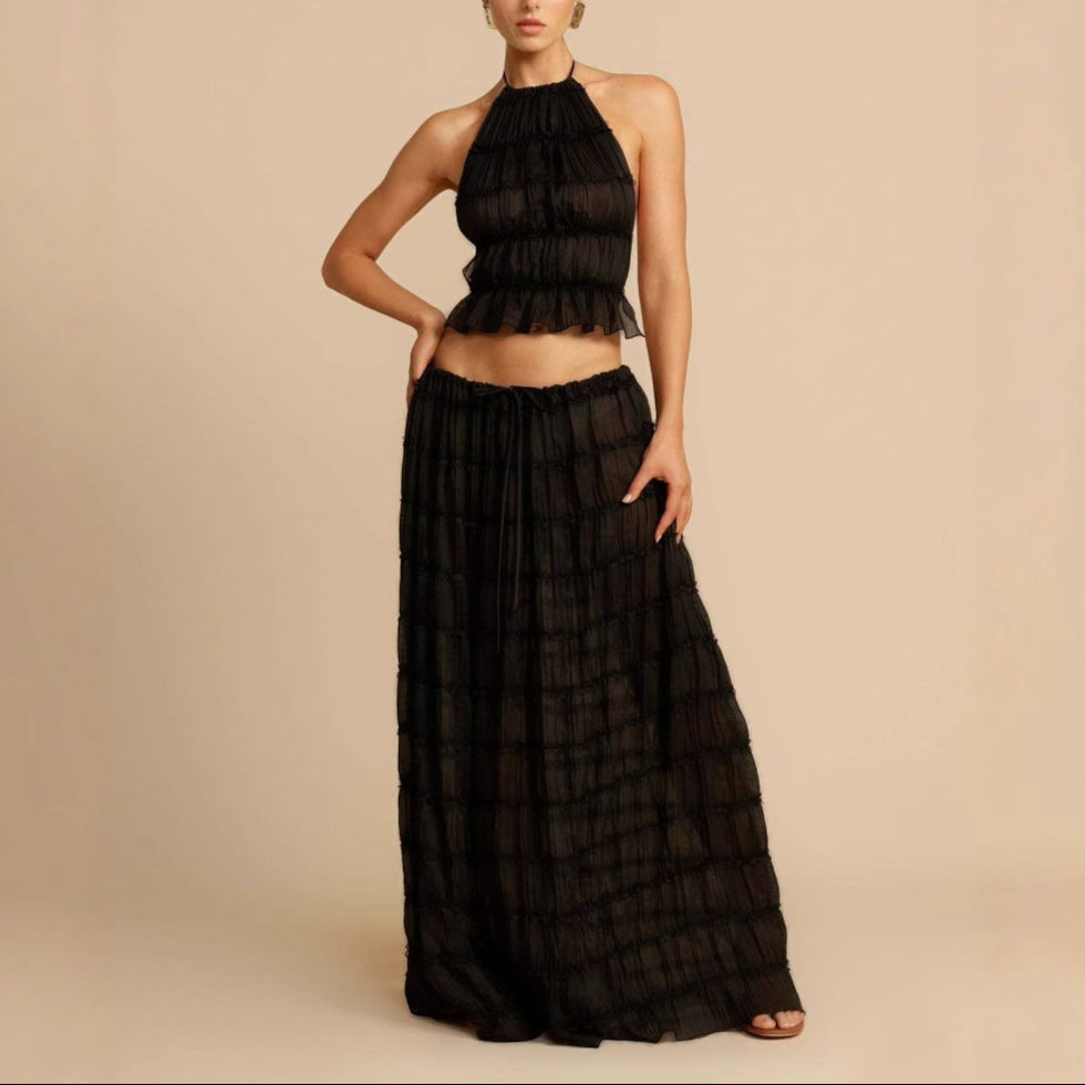 Ensemble Deux Pièces Femme – Haut Halter Froncé – Jupe Longue Taille Élastique – Tissu Respirant